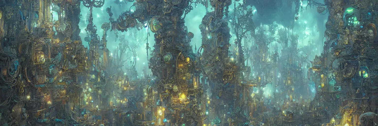 Image similar to Marc Simonetti, Mike Mignola, smooth polished metal with detailed line work, Mandelbulb flowers and trees, Exquisite detail, blue neon details, green neon details, white neon details, hyper detailed, intricate illustration, golden ratio, steampunk, smoke, neon lights, steampunk desert background, by peter mohrbacher