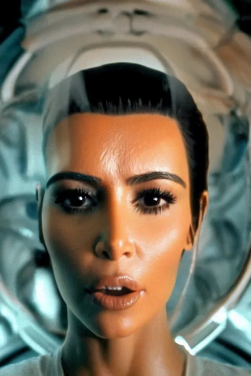 Prompt: film still of kim kardashian in the movie Alien, alien facehugger leached onto her face, scary, cinematic shot, 4k.