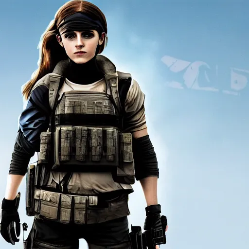 Image similar to Emma Watson a dressed as Counter-Terrorist in CSGO ,hyperrealistic, 8k UHD, studio photography, high quality, high detail, stunning lighting