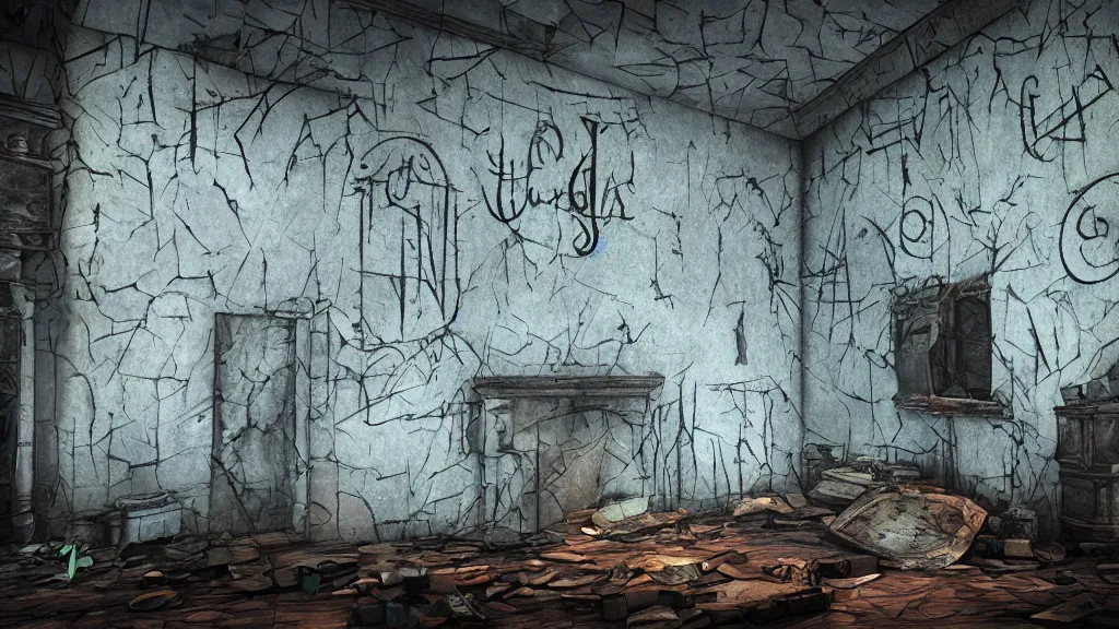 Prompt: a sigil scribbled on the wall, inside a haunted destroyed house, trending on artstation, 8 k, digital photo, unreal engine, colored paint, colorful paint, scary style