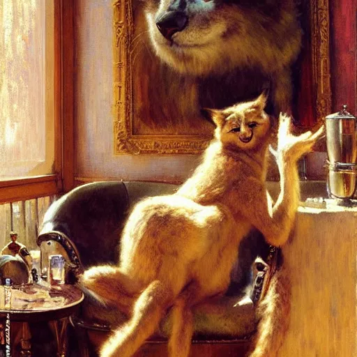 Image similar to a portrait of a furry in a coffee shop, furry body, furry arms, furry legs, furry tail. highly detailed painting by gaston bussiere, craig mullins, j. c. leyendecker, furry