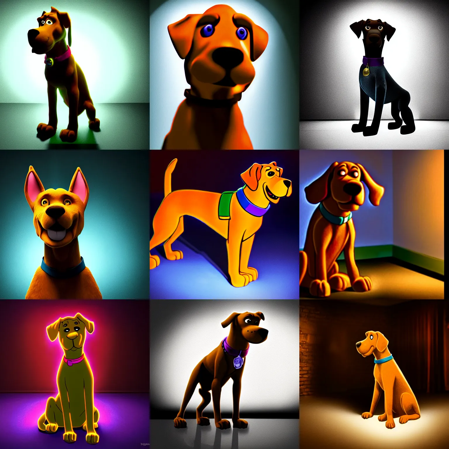 Prompt: photo of scooby - doo as a real dog alive stand in the middle of a dark room with a light from behind, real dog photo, realistic, intricate detail, photorealistic, highly detailed, cinematic atmosphere, dramatic