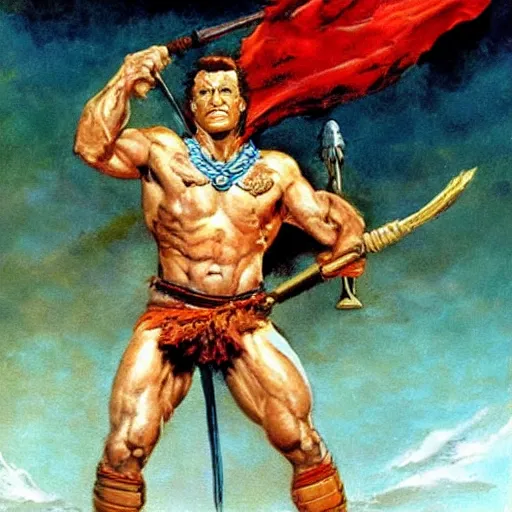 Image similar to Joe Biden as a warrior in a frazetta painting.