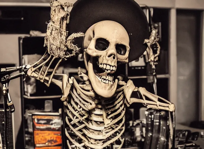 Prompt: a photo of an enraged skeleton in a cowboy costume angrily shouting into a microphone in a dirty old rundown radio station studio filled with radio equipment and piles of empty beer cans strewn about