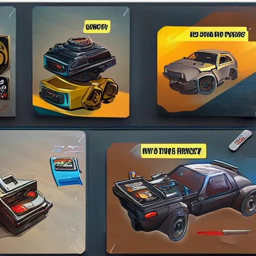 Image similar to car engine car parts concept art, cards, comic page, realistic fortnite, ui cards