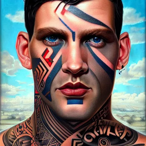 Image similar to ultra realistic portrait painting of a perfect handsome man blue eyes black hair stubble tribal tattoo, painted by Tristan Eaton Stanley Artgerm and Tom Bagshaw