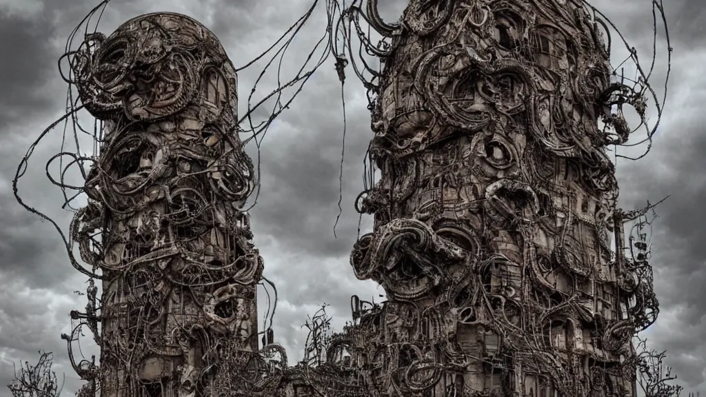 Prompt: bio-organic fleshy detailed machine tower! with tendrils!! and one eyeball!!! at the top, looking over a stormy post-apocalyptic wasteland, dystopian art, wide lens