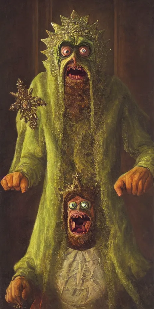 Prompt: a realist portrait of a pickle rick, staring at the viewer, insane face, intense, as a medieval king by andrey shishkin, oil on canvas