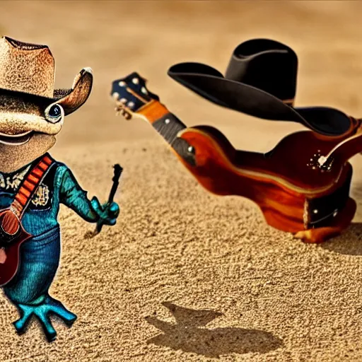 Image similar to an frog wearing cowboy outfit and holding an mini guitar in a desert