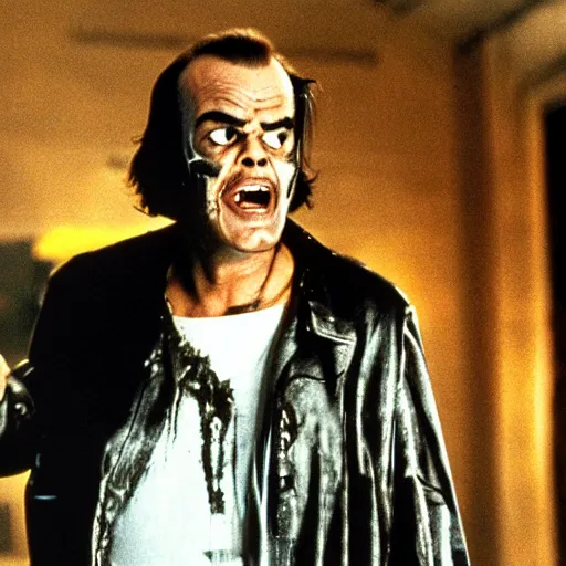 Image similar to Jack Nicholson as Termiantor, scary, evil, action, horror, by Christopher Nolan