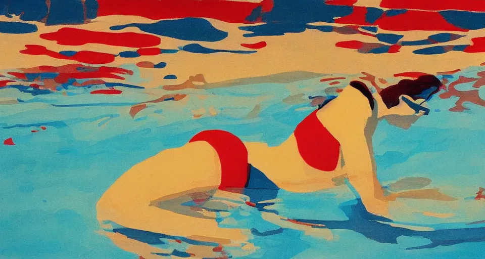 Prompt: a modernist painting of a woman swimming in a pool. sunny day. clean colours.