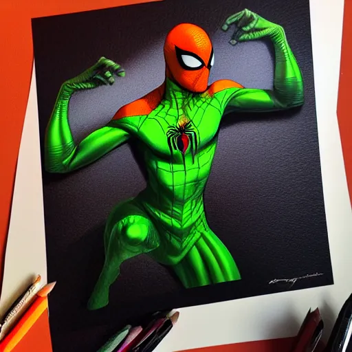 Image similar to an orange and green spiderman by artgerm