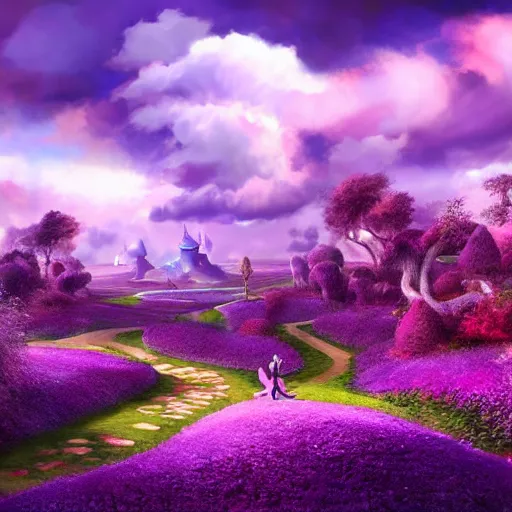 Image similar to landscape of an alice and wonderland themed landscape, purple clouds look the sky, dynamic lighting, fantasy concept art, trending on art station, stunning visuals, creative, cinematic, ultra detailed