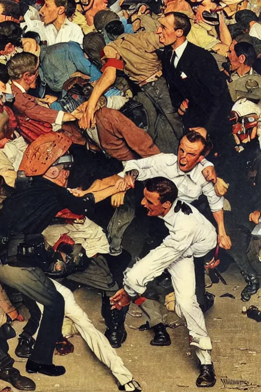 Image similar to Emmanuel Macron beating up rioters on the ground by Norman Rockwell