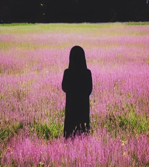 Image similar to shadow person figure standing at distance in beautiful meadow of flowers, film photo, grainy, high detail, high resolution