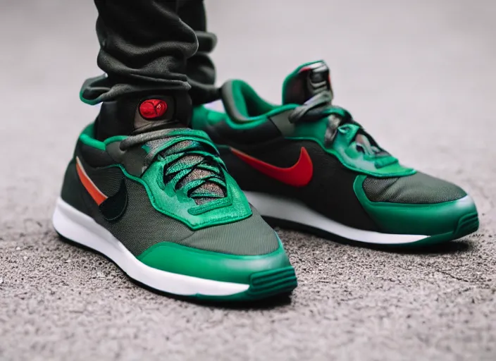 Image similar to product still of Boba Fett signature Nikes, 85mm f1.8