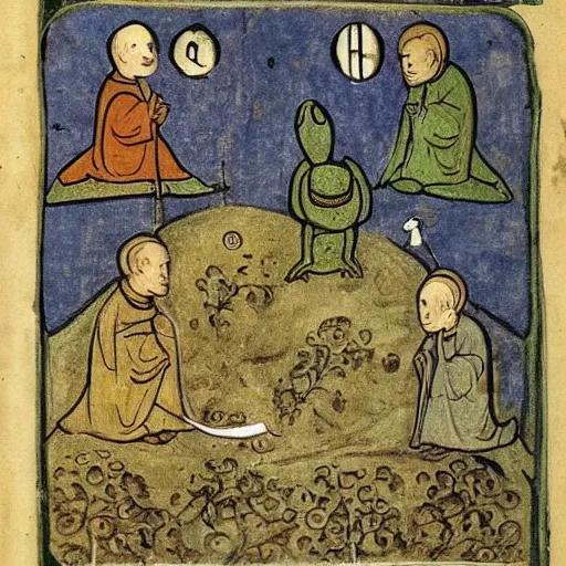 Image similar to page from a 1 4 th century monk's illustrations of the holy!! pepe the frog!!