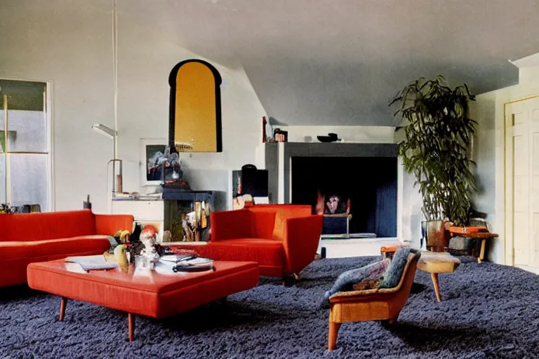 Prompt: a large cloud hovering in the middle of a retro 1970s living room with shag carpet and vintage decor