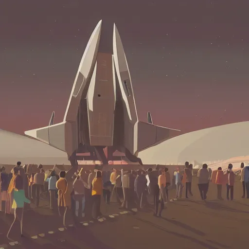 Image similar to thousands of people next to a big spaceship, sad color palette, artstation