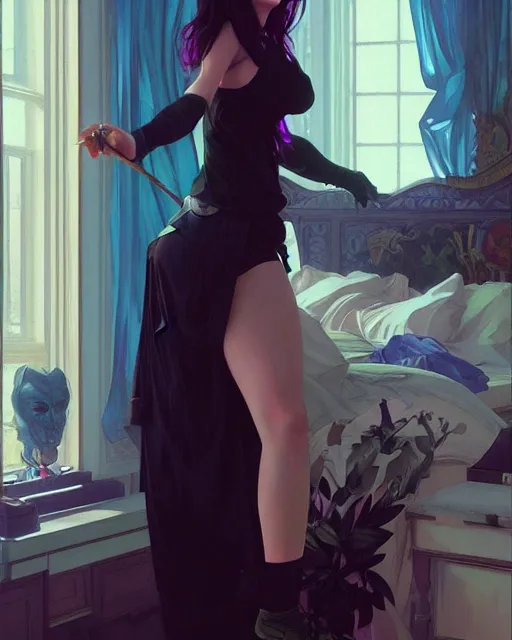 Image similar to emily rajtkowski, goth, posing, vaporwave, modern bedroom!!!!!, highly detailed, digital painting, artstation, concept art, smooth, sharp focus, illustration, art by artgerm and greg rutkowski and alphonse mucha