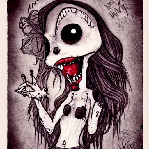 Image similar to grunge drawing of a cartoon disfigured dog with blood coming out of big eyes and a wide smile by mrrevenge, corpse bride style, horror themed, detailed, elegant, intricate