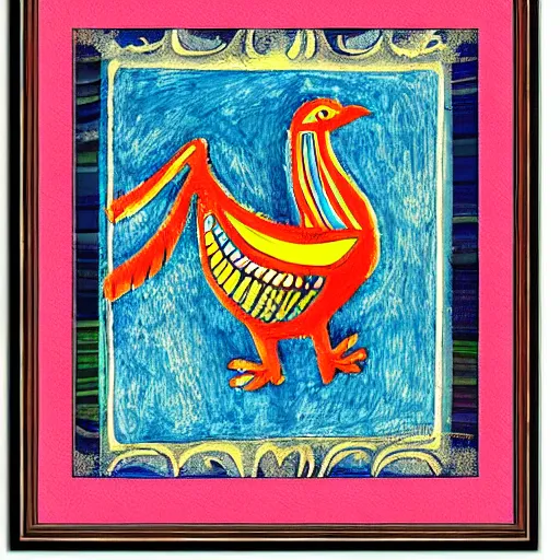 Image similar to a bird rising above the flames, mexican folk art, native american folk art, relief engraving, framed art, simple, mild expressionism, award winning