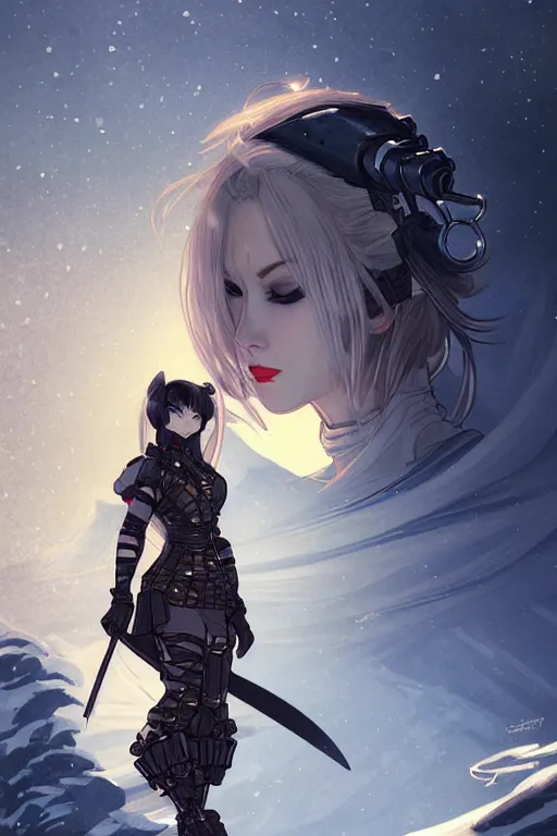 Prompt: portrait ninja gaiden girl, armored dieselpunk wardrobe, at snowy fuji mountain moonlight, ssci - fi and fantasy, intricate and very beautiful and elegant, highly detailed, digital painting, artstation, concept art, smooth and sharp focus, illustration, art by tian zi and alphonse mucha and wlop