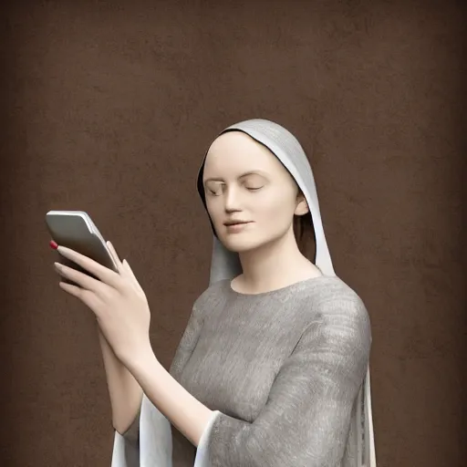 Image similar to 1 4 th century woman!!!! with an iphone in her hand, 4 k, 8 k, photorealistic imagery