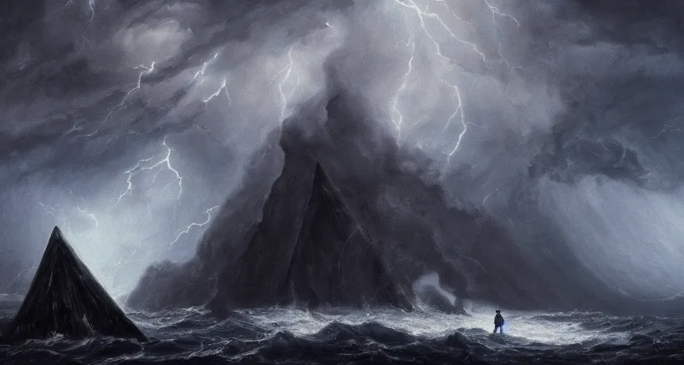 Image similar to black lovecraftian eldritch!! obsidian pyramid!! on a snowy island surrounded by raging stormy seas, with a large shadow of a creature in the background by eugene von guerard, ivan shishkin, night, red lightning!!, storm!, dramatic lighting, concept art, trending on artstation, 8 k