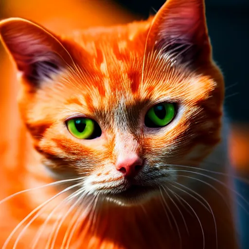 Prompt: a orange colour cat smiling , dlss, HDR, natural lighting , eye level shot, EOS R5, f/2.8, dynamic pose, , award winning photograph, 8k,