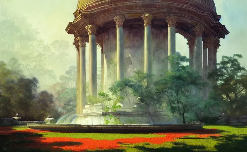 Prompt: neoclassical tower with dome on the forest next to a fountain. intricate, centered, amazing composition, colorful watercolor, by ruan jia, by maxfield parrish, by marc simonetti, by hikari shimoda, by robert hubert, by zhang kechun, illustration, gloomy