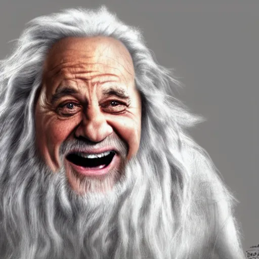 Prompt: danny devito as gandalf, deviantart, smile, ultra realistic illustration, final fantasy, high quality, full color, full body