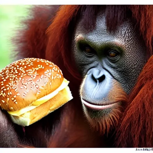 Image similar to an orangutan wiht chease burger