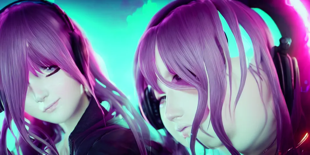 Image similar to beautiful portrait of a woman with pastel long hair floating in the air with her eyes open facing the camera hands forward centered with studio headphones on in the style of a code vein character, momo from twice in code vein in the style of WLOP, artgerm, yasutomo oka, rendered in unreal engine and redshift octane , background is surrounded by epic neon glitch effect digital art dynamic dramatic lighting, soft lighting, imagine fx, artstation, cgsociety, by Bandai Namco artist,