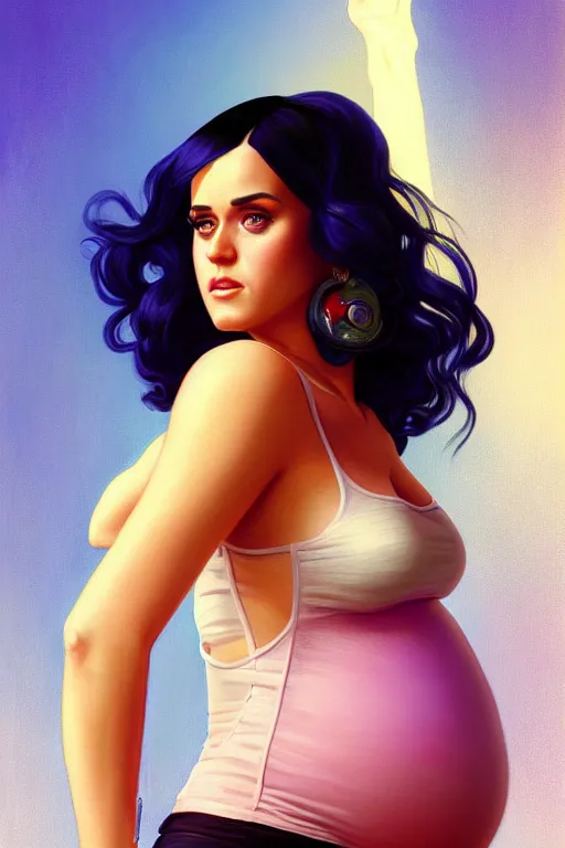 Image similar to pregnant katy perry in a tank top, realistic portrait, symmetrical, highly detailed, digital painting, artstation, concept art, smooth, sharp focus, illustration, cinematic lighting, art by artgerm and greg rutkowski and alphonse mucha