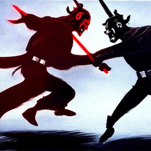 Prompt: concept art of darth maul fighting luke skywalker