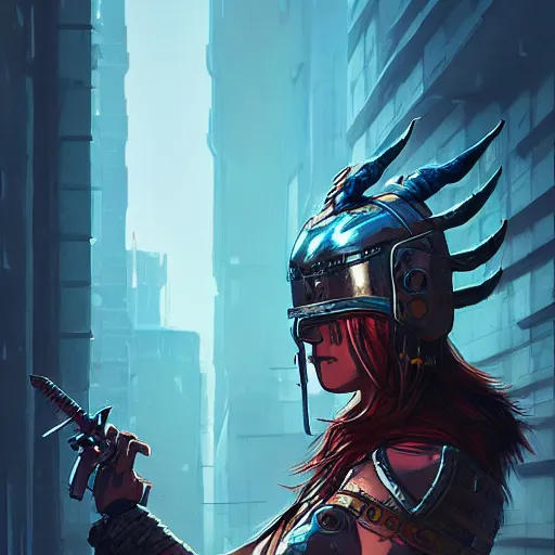 Image similar to cyberpunk viking helmet mask warrior goddess robot ninja fantasy, art gta 5 cover, official fanart behance hd artstation by jesper ejsing, by rhads, makoto shinkai and lois van baarle, ilya kuvshinov, ossdraws