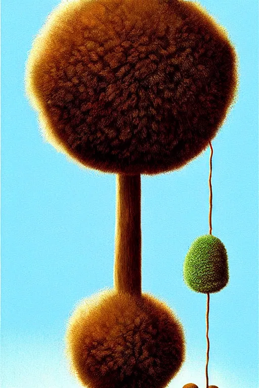 Image similar to a pompom tree with a very very very very tall!! trunk, viewed from below, ant perspective, digital illustration by chris van allsburg and artgerm, surreal, photorealistic