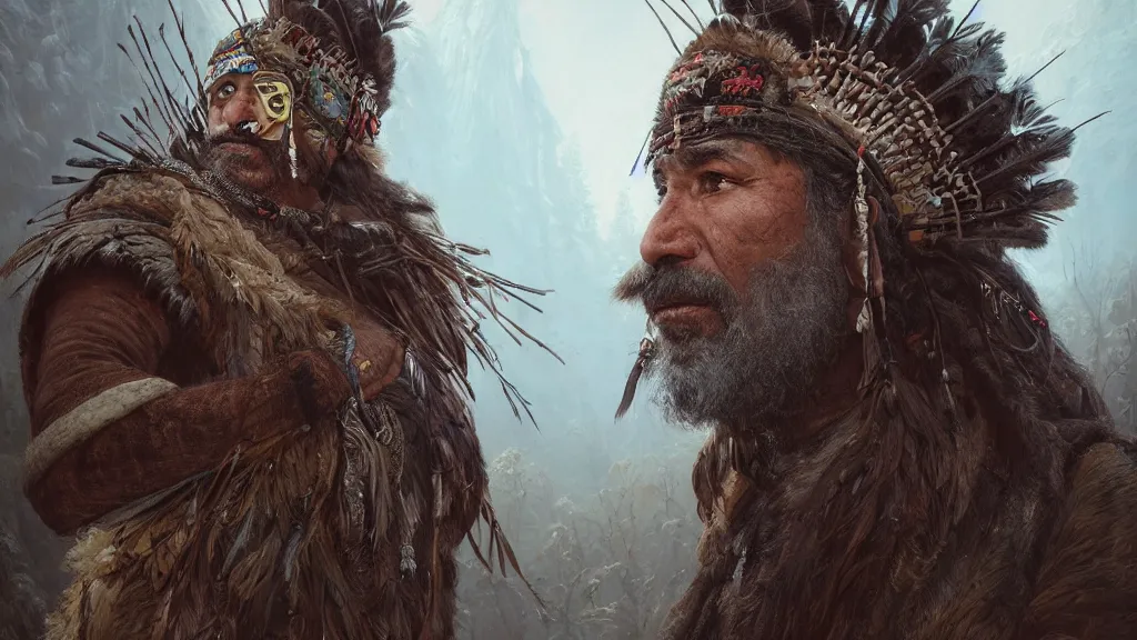 Image similar to highly detailed portrait of a grizzled indigenous man, feathered headdress, traditional clothing, unreal engine, fantasy art by greg rutkowski, ferdinand knab, makoto shinkai and lois van baarle, ilya kuvshinov, rossdraws, tom bagshaw, global illumination, radiant light, detailed and intricate environment