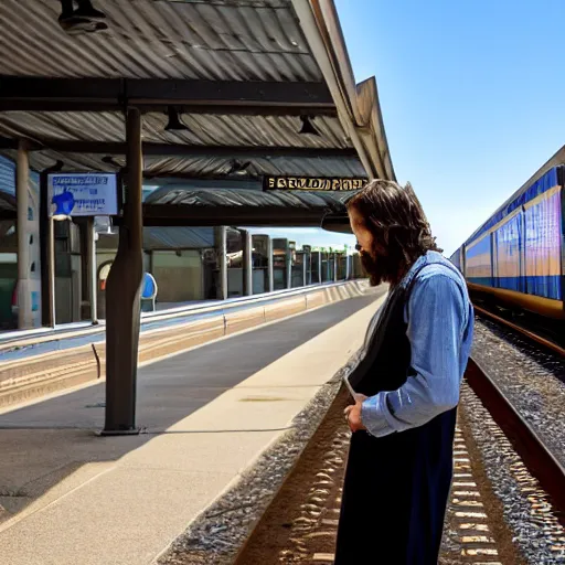 Prompt: jesus waiting for a train at peterborough in south australia