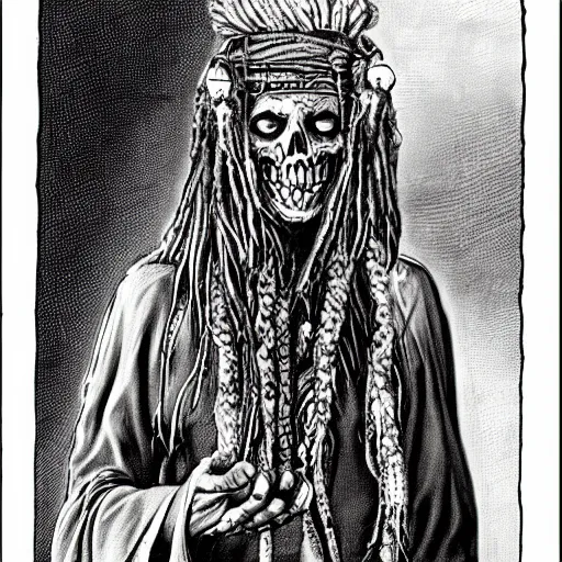 Image similar to a horror shaman with dreadlocks in sacrament of death