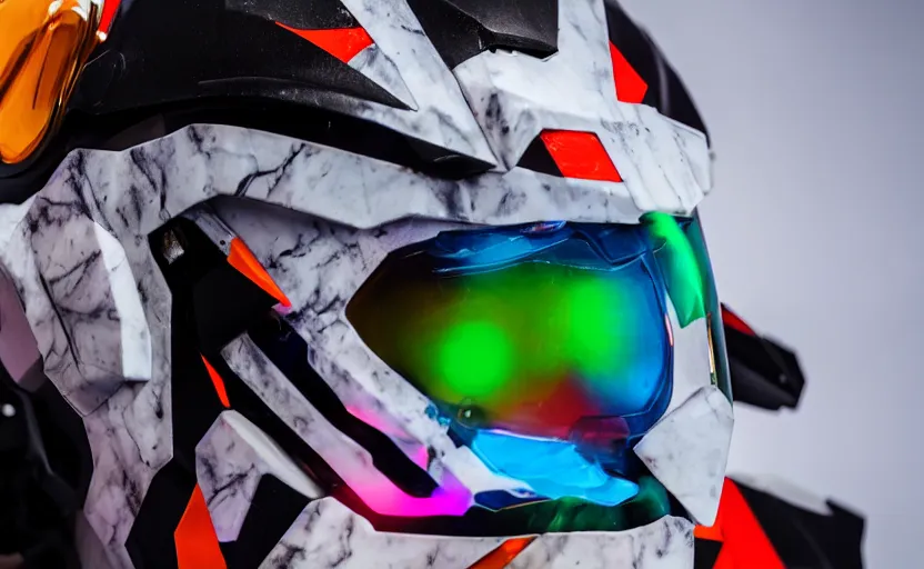 Image similar to beautifully lit medium close up photo of a white marble statue of an anime girl with colorful motocross logos and motorcycle helmet with closed visor, colorful smoke in the background, carved marble statue, fine art, neon genesis evangelion, virgil abloh, offwhite, denoise, highly detailed, 8 k, hyperreal