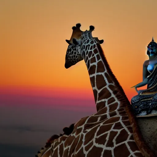 Prompt: the buddha riding on a giraffe into the sunset