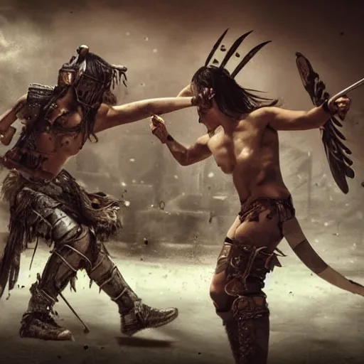 Prompt: post - apocalyptic gladiator duel