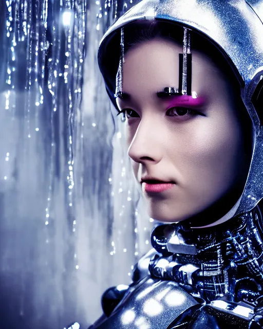 Image similar to portrait photo of female dancer as a cyberpunk mecha humanoid robotic head shoulder parts with straight bright led lights, under a waterfall, ultra - realistic and detailed, 8 k