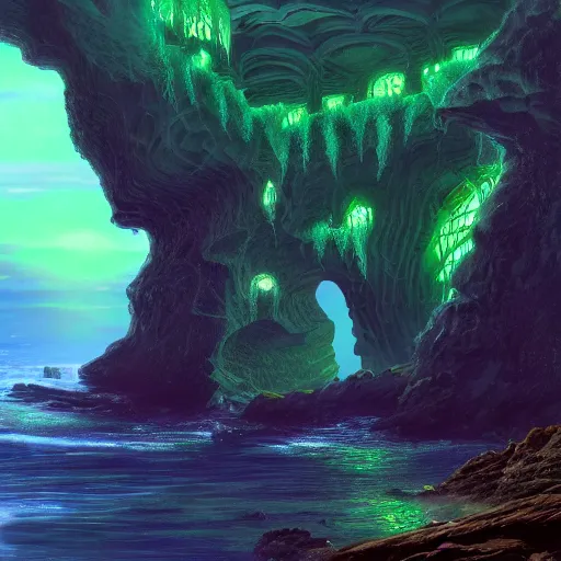 Image similar to a scary glowing green magical portal to another world in darwin's arch, ocean and rock landscape, d & d, fantasy, intricate, elegant, highly detailed, digital painting, artstation, concept art, matte, sharp focus, illustration, art by hayao miyazaki and hideo kojima