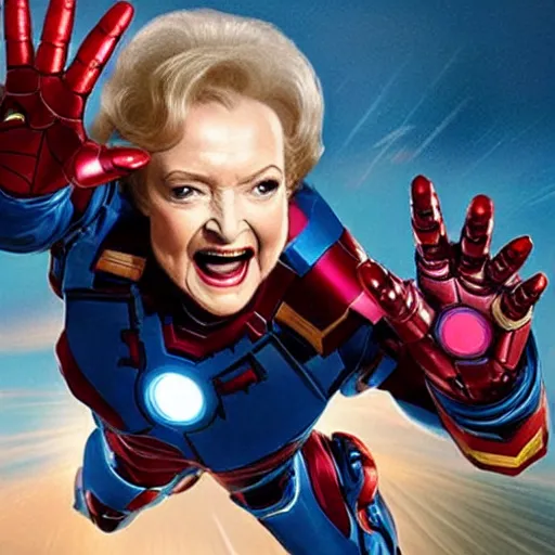 Image similar to promotional still of betty white as marvel's iron man [ film ], hero pose but shy, action, adventure, romance, imax 7 0 mm, 4 k