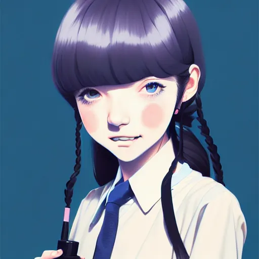 Image similar to urban school girl in shirt fanart, dark blue long hair, muted colors, matte print, pastel colors, ornate, digital art, cute smile, digital painting, fan art, elegant, pixiv, by Ilya Kuvshinov, by Studio Ghibli