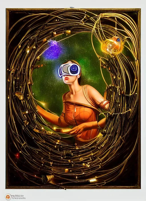 Prompt: oil painting of android woman immersed in the mystical tree, druid goddess, retro futurism, renaissance painting, baroque, steampunk, golden jewellery, shining crystals, cords and wires, vr googles, filigree, biomechanics, cinematic light, 8 k