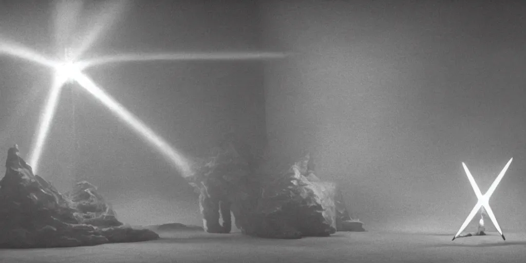 Prompt: light coming out of one starfish - like kaiju anthropomorphic monster, korean film noir by kim jong - il, korean traditional palace, pyongyang city, 1 9 6 0 s, red color bleed, 4 k, video compression, video glitch, monochrome, akira kurosawa, mamoru oshii, wes anderson, stanley kubrick